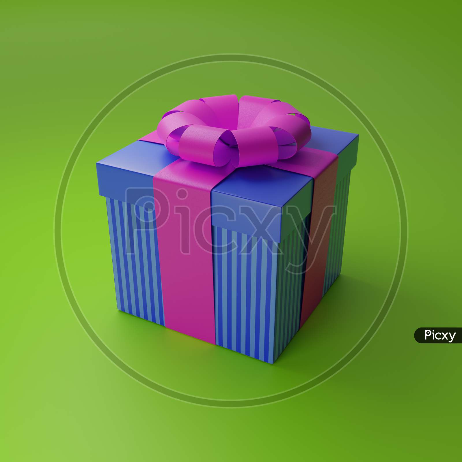 3D Render Of A Striped Green Blue Box With A Pink Ribbon On A Green Background