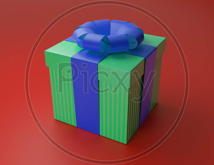 3D Render Of A Striped Green Gift Box With A Blue Ribbon On A Red Background