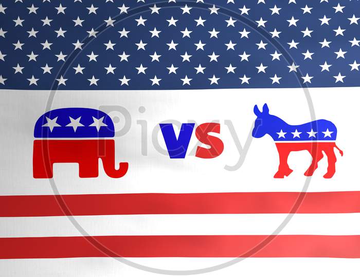 Republican Elephant Vs Democratic Donkey Emblem Icon On American Flag Illustration Design, Usa Presidential Election 2020 Concept, Editorial.