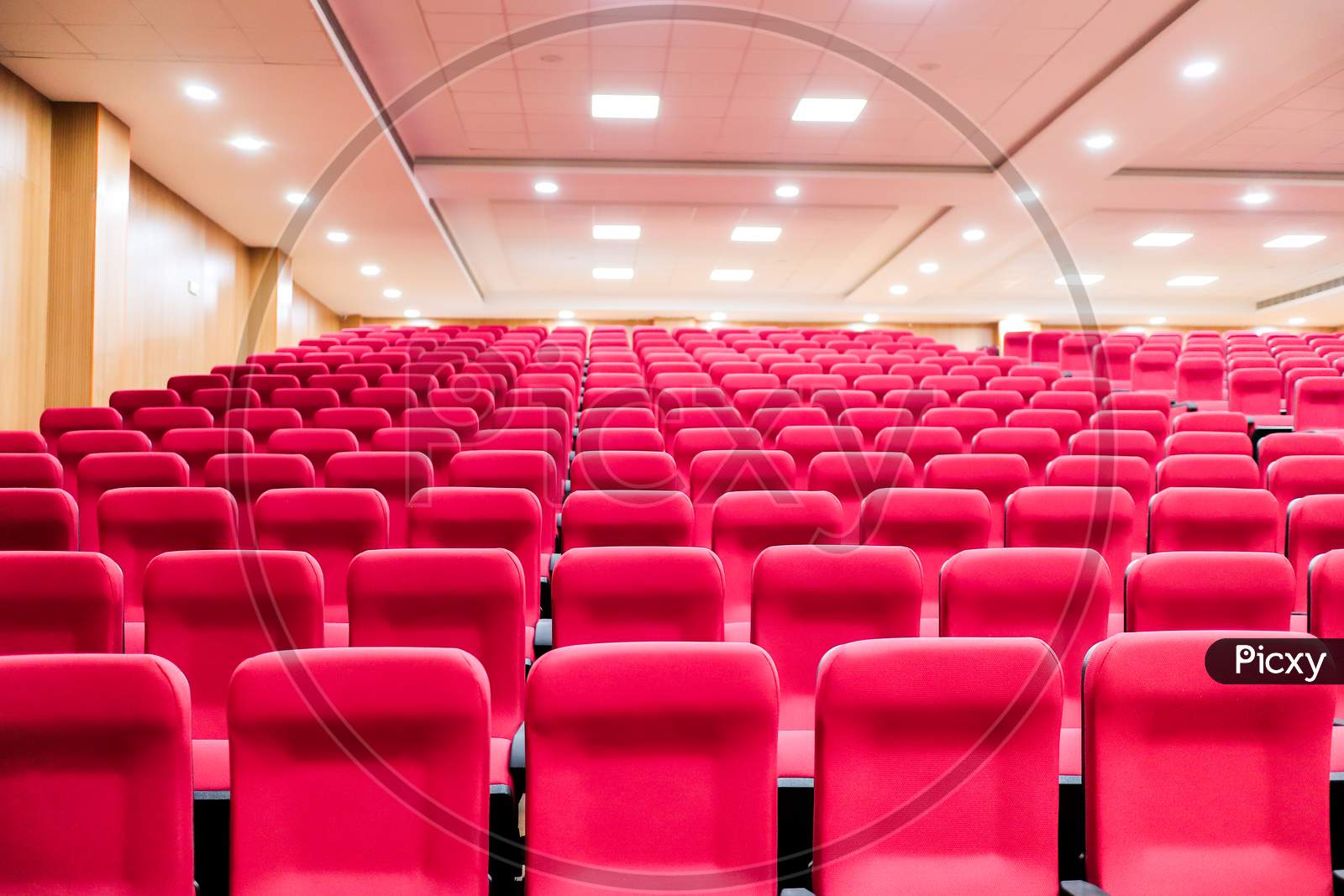 Empty Seats Of An Auditorium With Red Reclining Rows Of Seats And False Ceiling Led Lights