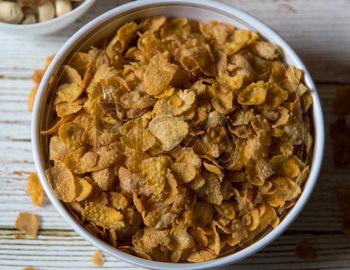 Healthy food dry corn flakes in a bowl