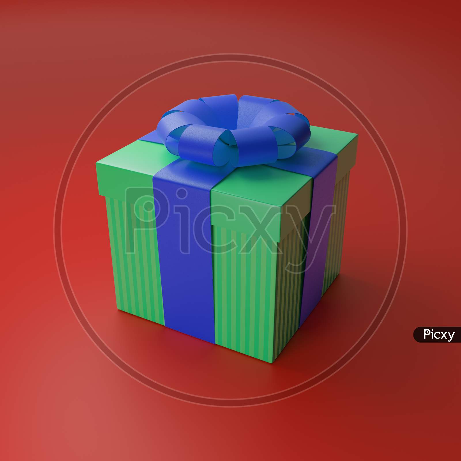3D Render Of A Striped Green Gift Box With A Blue Ribbon On A Red Background