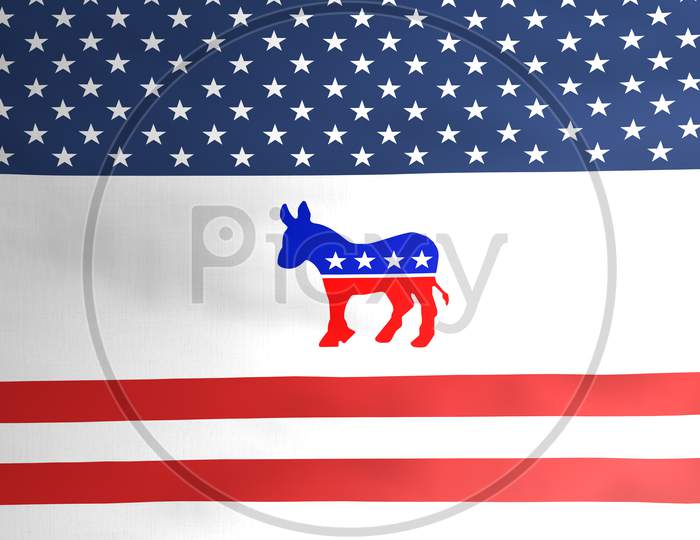 Democratic Party Donkey Emblem Icon On American Flag Illustration Design, Usa Presidential Election 2020 Concept, Editorial.