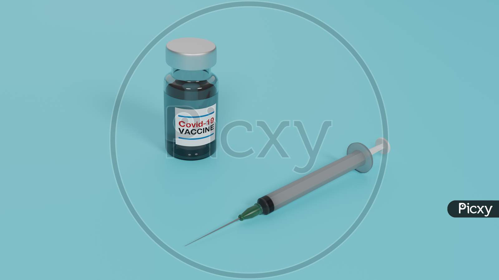 3D Render Of Glass Covid-19 Vaccine Vial Bottle And A Plastic Syringe Placed On A Blue Background