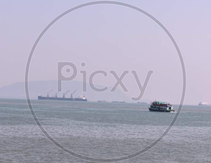 Passenger Boat Floating In Indian Ocean Near Mumbai