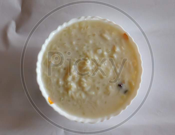 Closeup Of A Dish (Payasam) In A Bowl Isolated On White Background