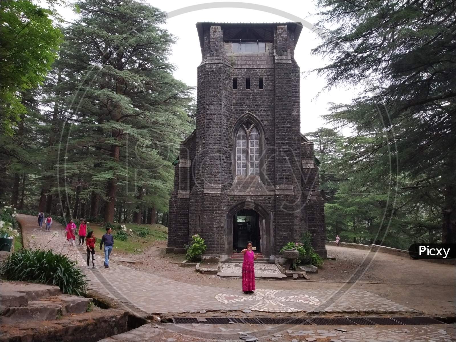 outside view of St. John in the Wilderness Church in India Himalayas mountains Dharamshala Mcleodganj triund Himachal Pradesh