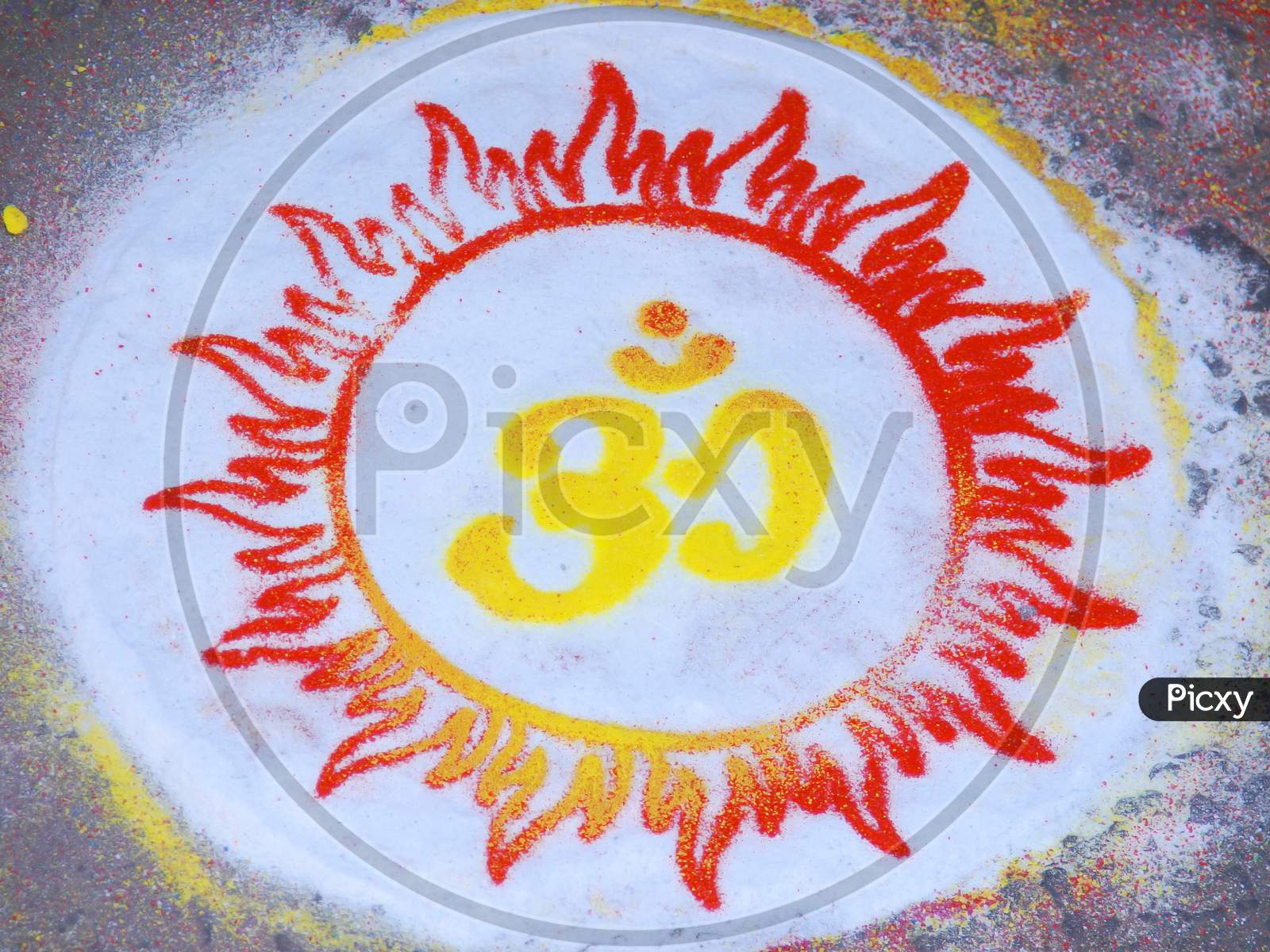 Traditional Indian Art Known As Rangoli Showing Hindu Religious