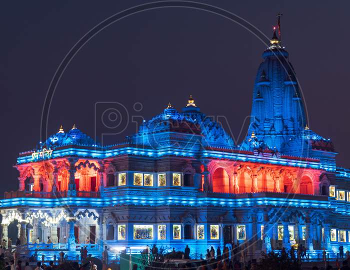 The awesome beautiful Prem Mandir (Temple of love) with lighting  in Vrindavan Mathura of India.