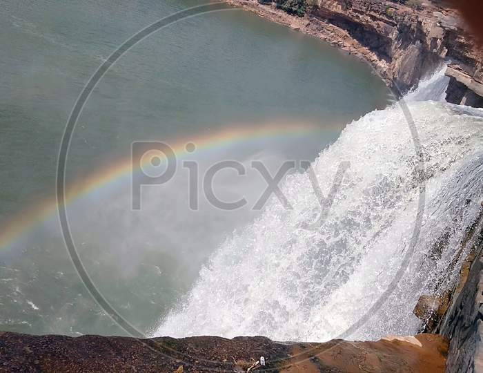 rainbow formation in the fountain of Chitrakoot waterfall of jagdalpur in bastar os chhattisgarh India.