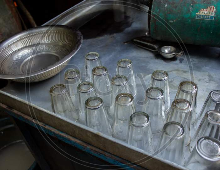 Glass Tumblers Arranged On A Table In A Tea Shop