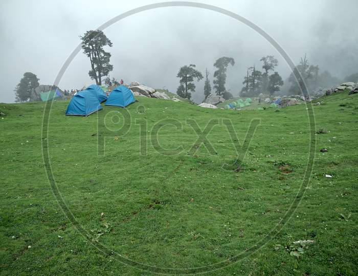 camping tent in India Mountains Himalayas Dharamshala Mcleodganj Triund Himachal Pradesh