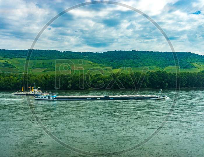 Frankfurt, Germany - 27Th May 2018: Dintel Carrier Boat And Cruise Boat On The Rhine River