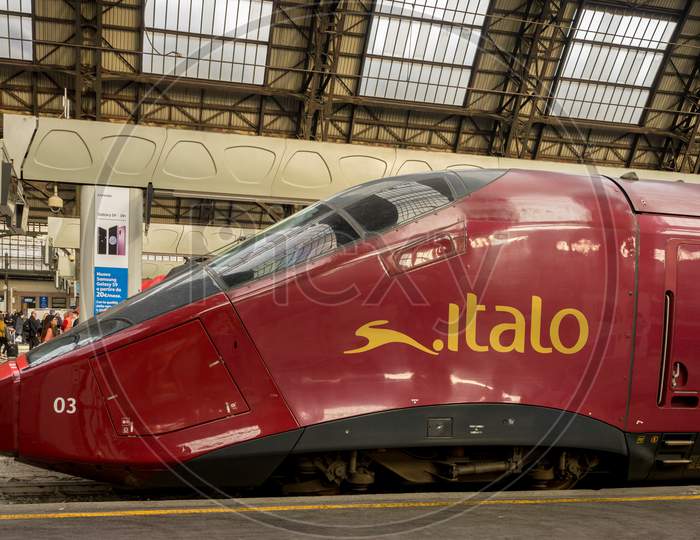 Milan Central Station - March 31: The Italo Trenitalia At Milan Central Railway Station On March 31, 2018 In Milan, Italy. The Milan Railway Station Is The Largest Train Station In Europe By Volume