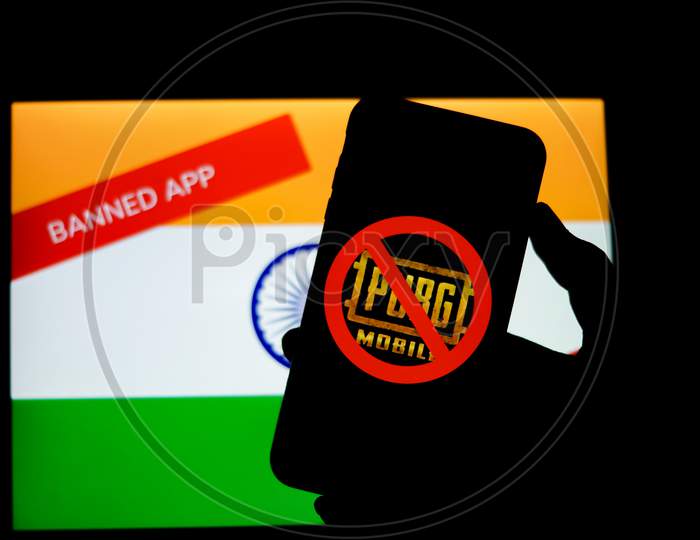 Banned PubG Mobile Game on  Smartphone Screen with Indian Flag In the Background