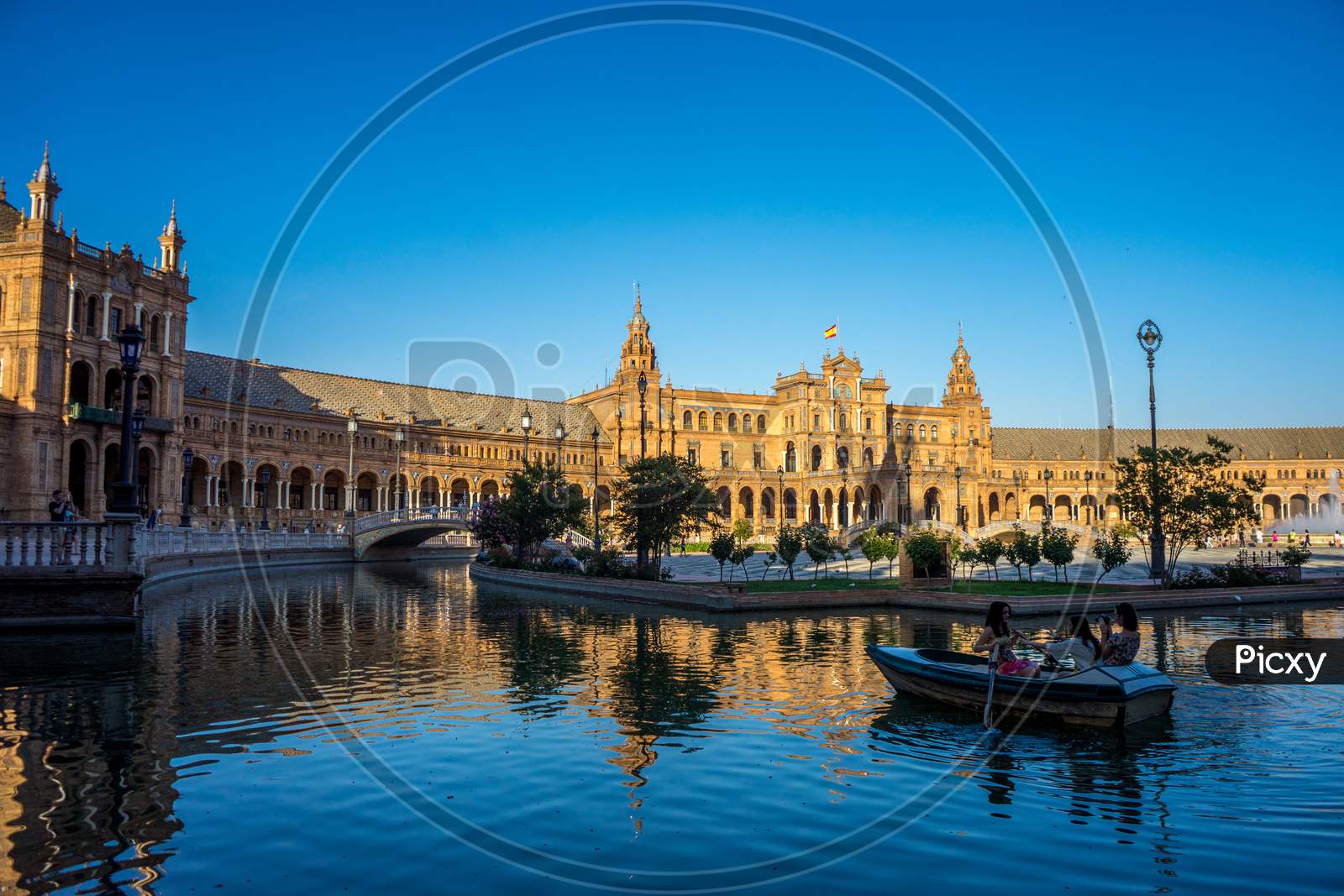Water Boat At Plaza De Espana In Seville, Spain, Europe