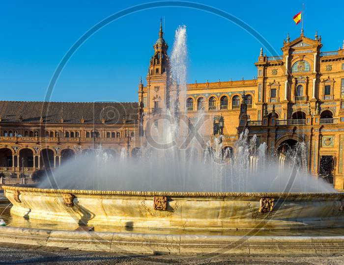 Water Fountain At Plaza De Espana In Seville, Spain, Europe