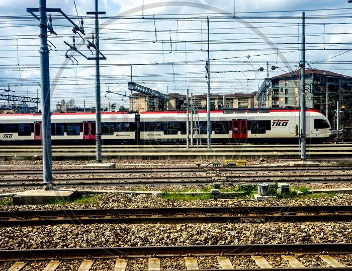 Menaggio, Italy-April 2, 2018: Trenord Trenitalia Train At Milan Railway Station