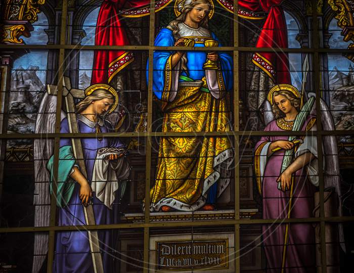 Painted Glass In The Interiors Of Saint Nicholas Church, Ghent, Belgium
