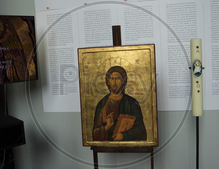 Bruges, Belgium - 16 April 2017: A Painting Of Jesus Christ Shown In A Museum, Brugge, Belgium