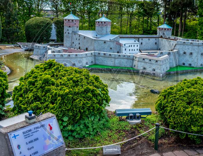 Brussels, Belgium - 17 April 2017: Miniatures At The Park Mini-Europe - Reproduction Of Olavinlinna Castle In Finland