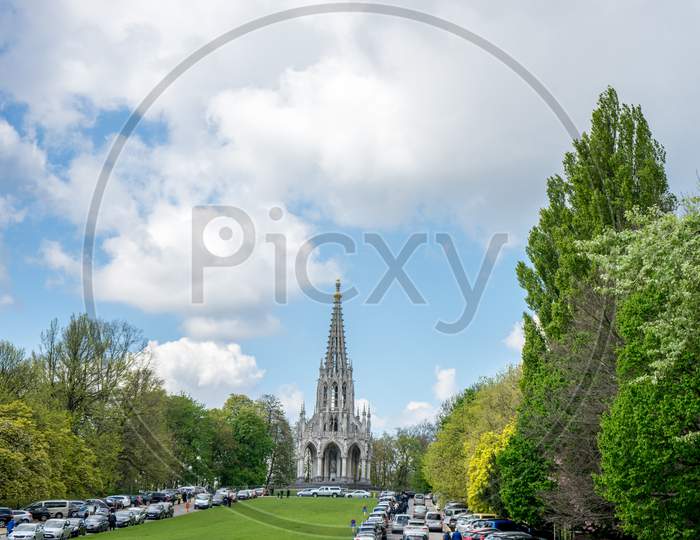 Brussels, Belgium - April 17 : Cars Parked In Front Of The Monument Of The King Leopold I In The Neo-Gothic Style In Laeken Park,April 17, 2017