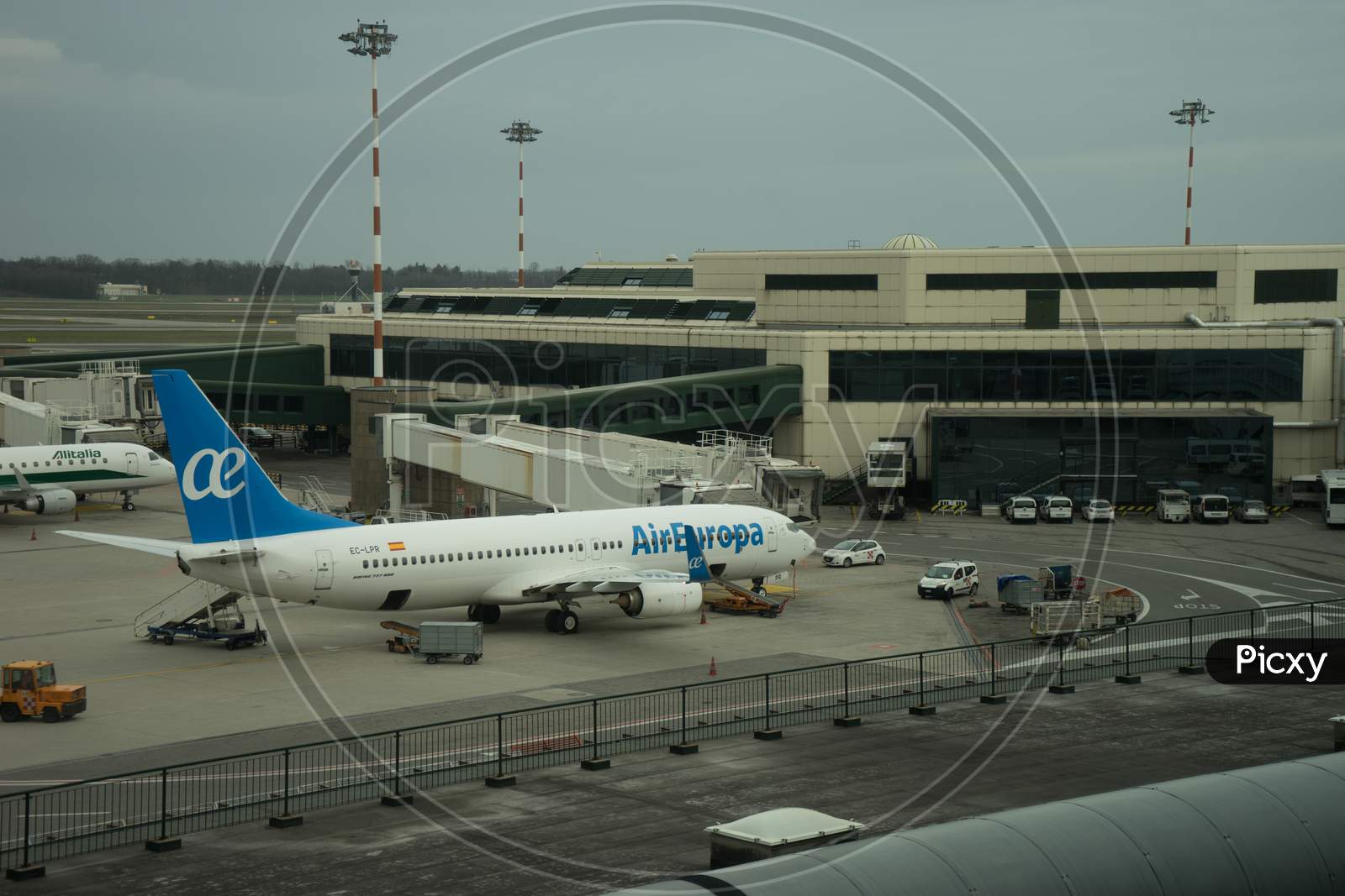 Milan Airport, Italy-April 2, 2018: Air Europa Plane At The Milan Malpensa Airport