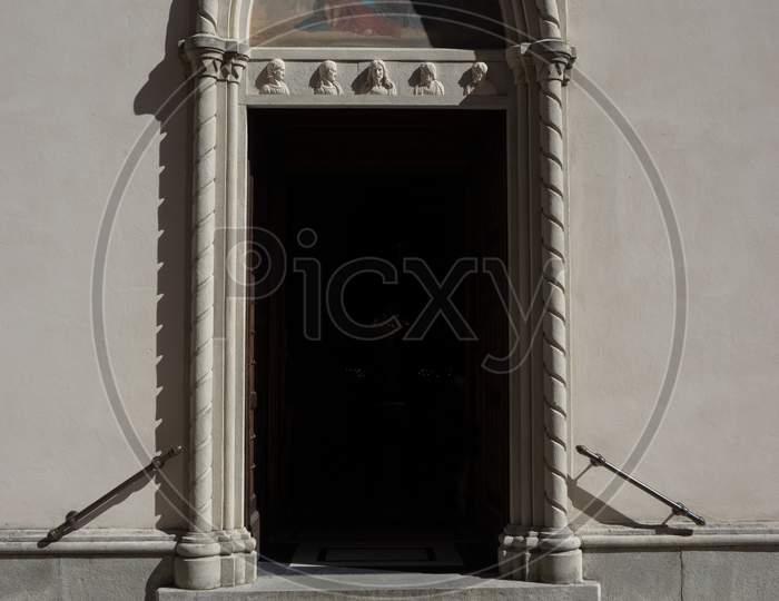 Menaggio, Italy-April 2, 2018: Church Entrance At Menaggio, Lombardy