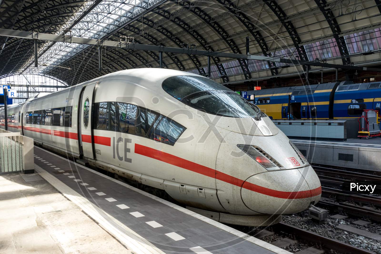 Netherlands,Amsterdam - 21 April 2017: Engine Of Ice Deutsche Bahn Train At Amsterdam Central Railway Station