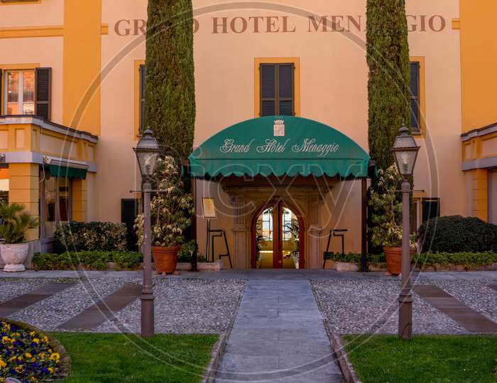 Menaggio, Italy-April 2, 2018: Facade Of Grand Hotel Menaggio, Lombardy