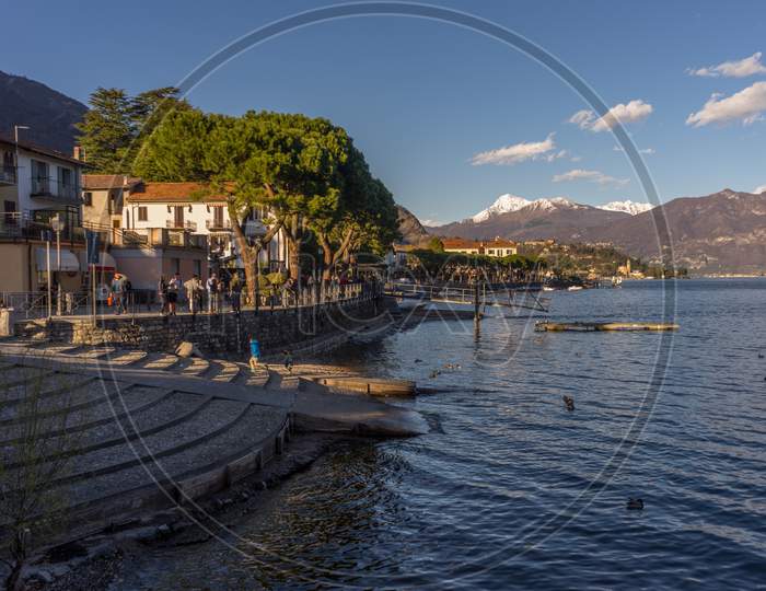 Lecco, Italy-April 1, 2018: Waterfront Quay At Lecco, Lombardy