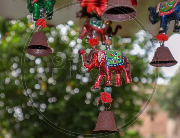 Ujjain, India - August 25Th 2020: Rajasthani Handicraft Elephants Wall/Door Hanging Showpiece With Bells For Home Decor.