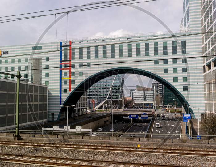 Netherlands, Hague - 30 March 2018: The Highway Above The Den Haag Central Railway Station And Nn Building
