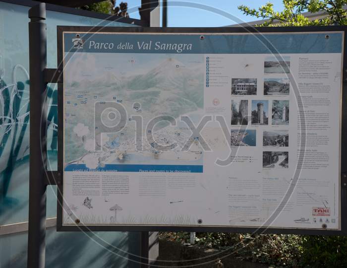 Menaggio, Italy-April 2, 2018: Parco Della Val Sanagra Display Board At  Menaggio, Lombardy