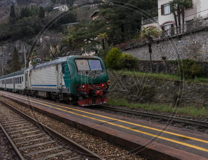 Varenna, Italy- March 31, 2018: Treinitalia Trenord Train At Varenna, Italy