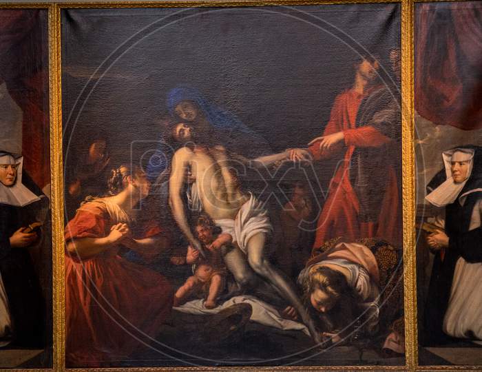 Bruges, Belgium - 16 April 2017: The Painting Of Jesus Christ In A  Museum In Bruges, Belgium