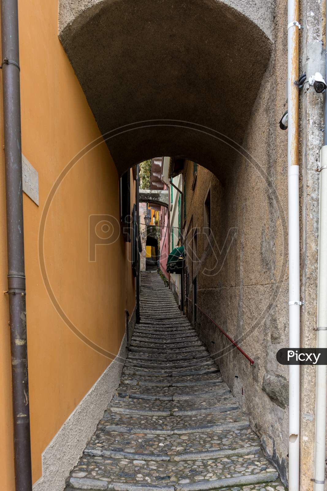 Italy, Varenna, Lake Como, A Close Up Of A Stone Staircase