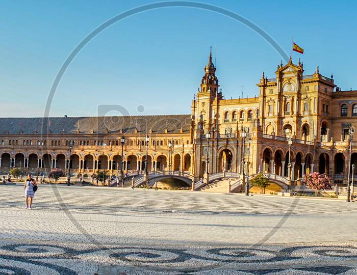 Spain, Seville, Buildings In City Against Clear Sky In Plaza De Espana, Panorama