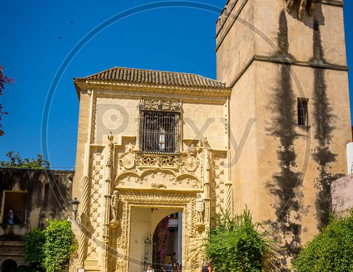 Seville, Spain - June 19: The Tower In The Alcazar Garden, Seville, Spain On June 19, 2017.