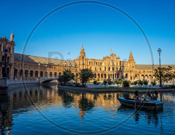 Water Boat At Plaza De Espana In Seville, Spain, Europe