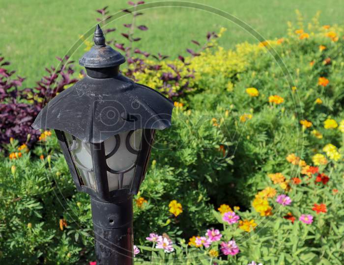Beautiful Lamp Post In A Garden With Colorful Flowers.