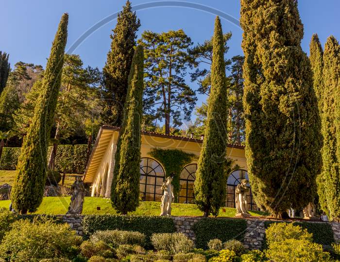 Lecco, Italy-April 1, 2018: Statue At Famous Villa Del Balbianello At Lecco, Lombardy