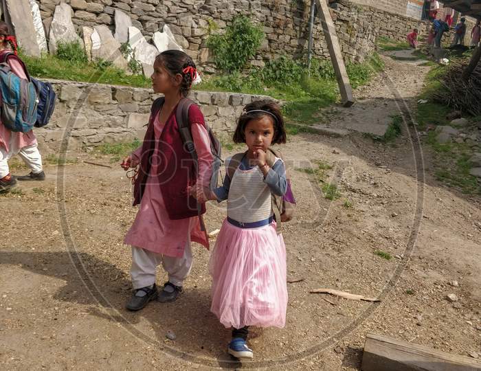 Manali, India - June 11Th 2019: Indian Himalayan Mountain Village Kids Going To School.