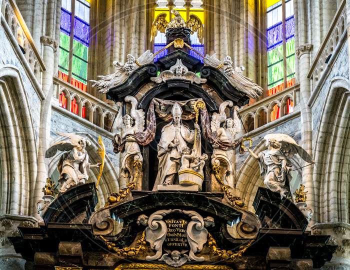 Beautiful Marble Sculpture In The Interiors Of Saint Nicholas Church, Ghent, Belgium