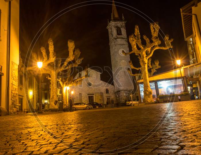 Varenna, Italy - March 31, 2018: The Church Of Saint George In Varenna, Italy At Night