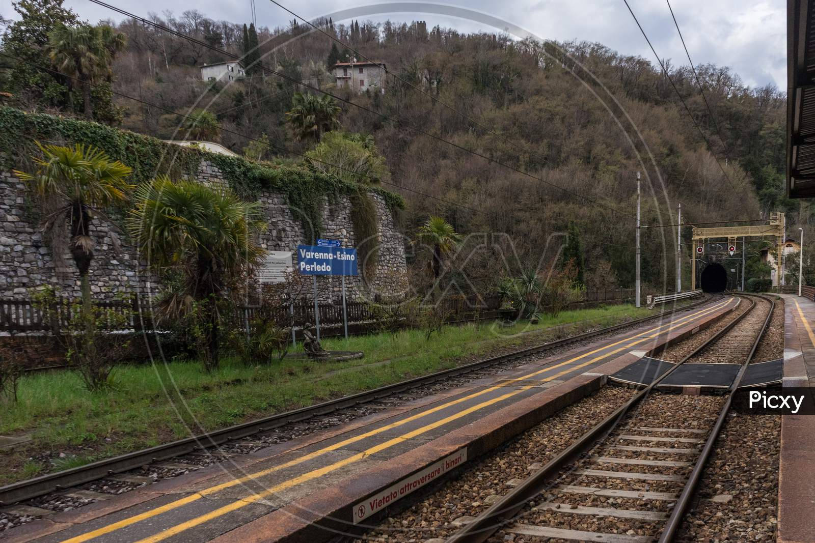 Varenna, Italy- March 31, 2018: Varenna, Esino & Perledo Train Station In Italy