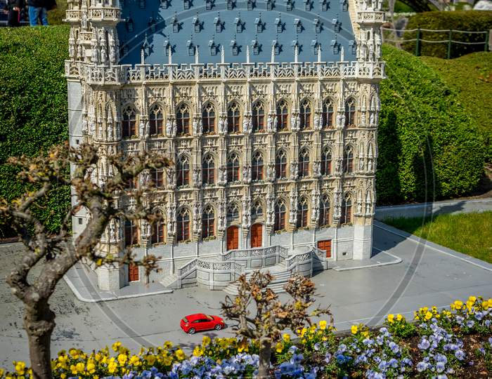 Brussels, Belgium - 17 April 2017: Miniatures At The Park Mini-Europe - Reproduction Of The Town Hall In Leuven, Belgium
