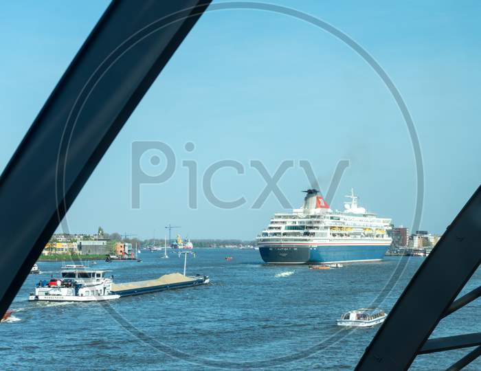 Netherlands,Amsterdam - 21 April 2017:  Cruise Ship At The Port Of Amsterdam