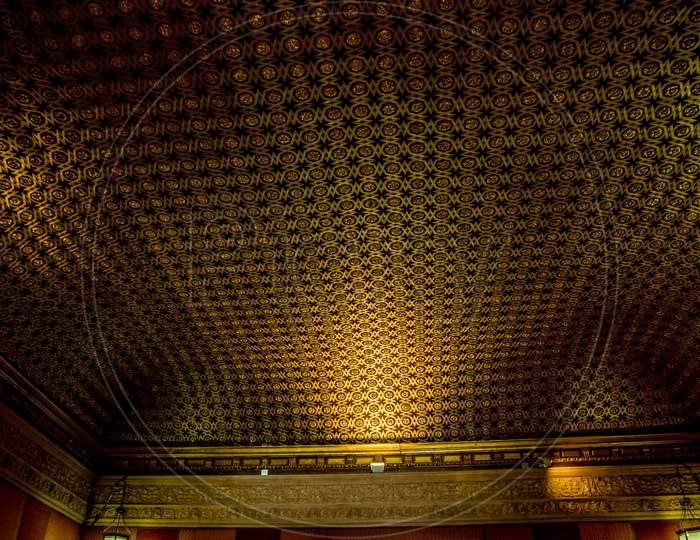 Seville, Spain- June 18, 2017 :Low Angle View Of Illuminated Golden Ceiling At Alcazar Palace In Seville, Spain June 2017.