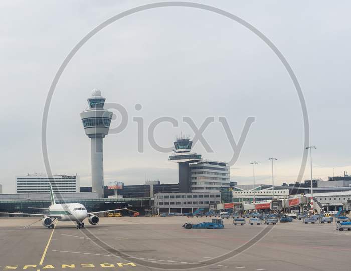 Netherlands, Amsterdam, Schiphol - 30 March, 2018: Italy Alitalia Planes At Airport. Schiphol Is One Of The Busiest Airport In Europe.